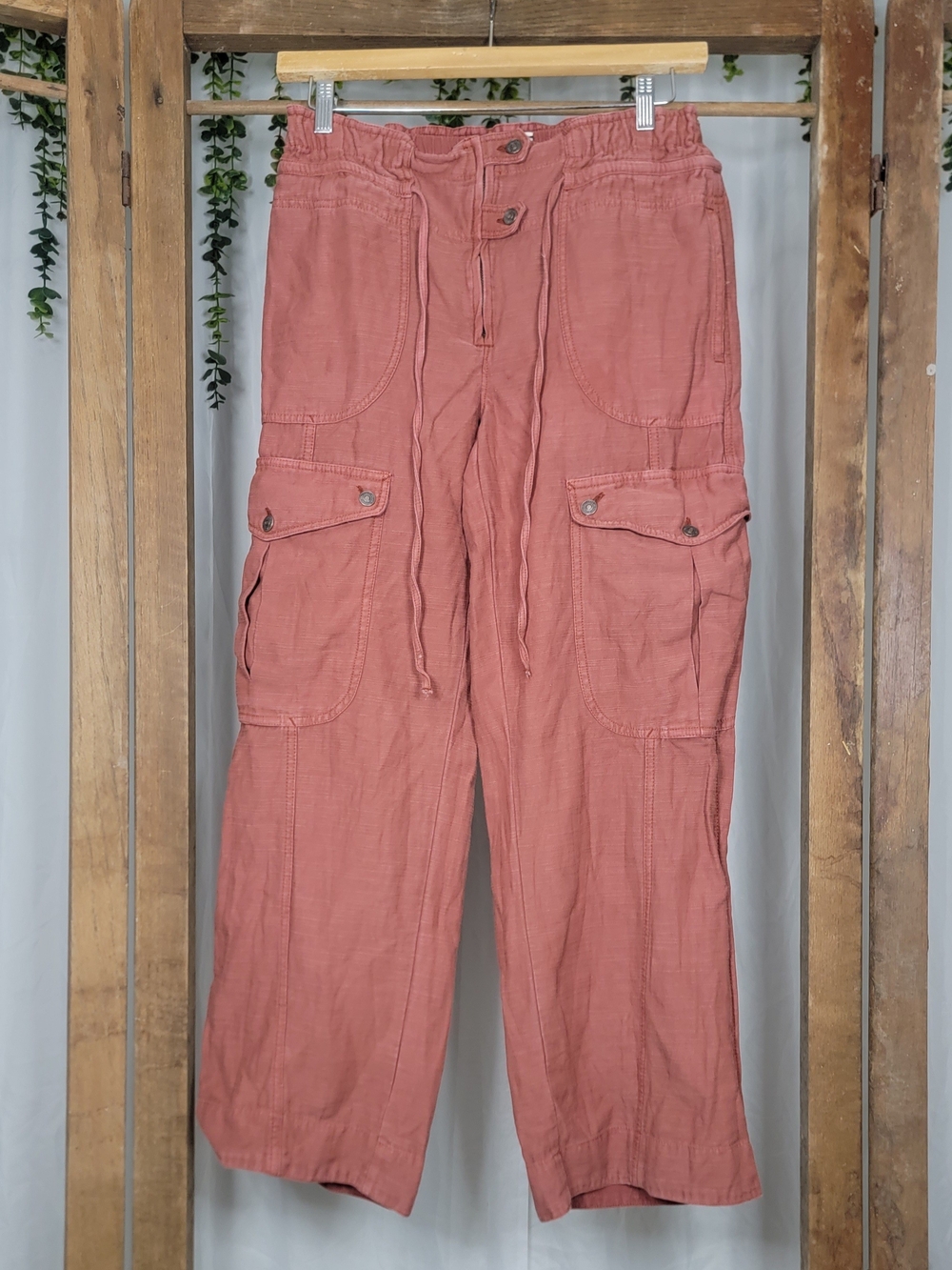 Free People We The Free Dusty Rose Linen Blend Cargo Pants Medium Boho Wide Leg - Picture 4 of 7